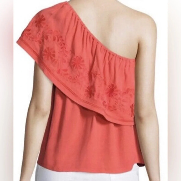 Rebecca Minkoff Rita One Shoulder Embroidered Coral Top Blouse Size Medium - Picture 2 of 8